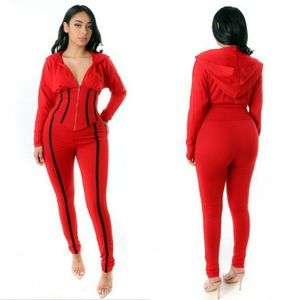 Red Crop Lined Detail Hoodie Set